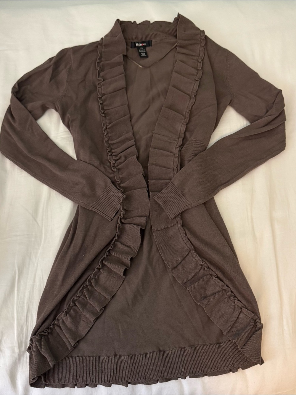 Ruffle-Trim Open Cardigan - Brown